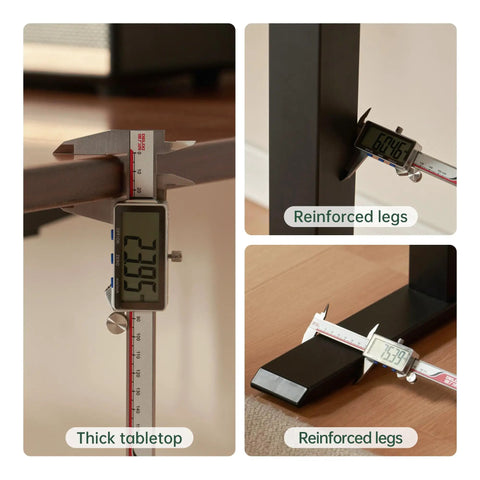 Measurements showcasing the thickness of the tabletop and reinforced legs of the Real Deal Solid Rubber Wood Electric Sit Stand Desk With Rich Walnut Top And Clean Cable Clips Smooth Motor Lift Ergonomic Workstation Straight Up Perfect Go To Setup For Home Office Flex.