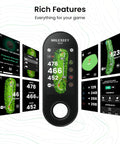 GeneSonic Pro Golf Speaker With Detachable GPS Rangefinder showing various golf course displays on touchscreen.