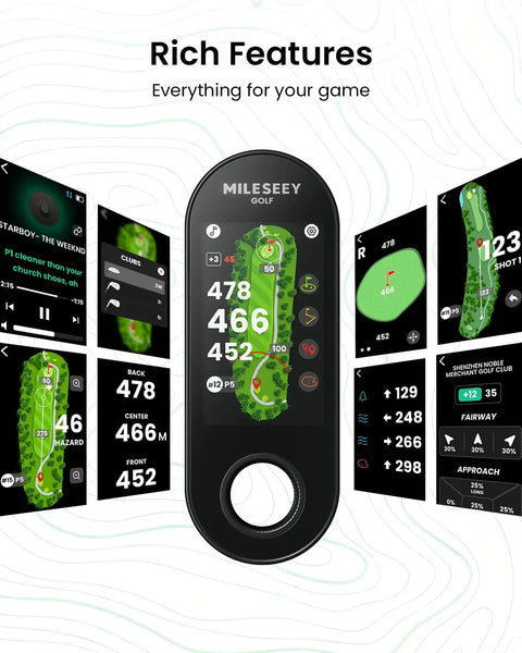 GeneSonic Pro Golf Speaker With Detachable GPS Rangefinder showing various golf course displays on touchscreen.