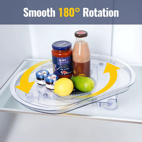 Refrigerator Lazy Susan Turntable Organizer 16.5 By 11 By 1.85 Inches Clear Plastic Tray with Suction Cups in use