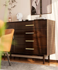 Champagne Bronze Cabinet Pulls 10 Pack 5 Inch Hole Centers 128mm Kitchen Cabinet Handles on wooden dresser in modern room.