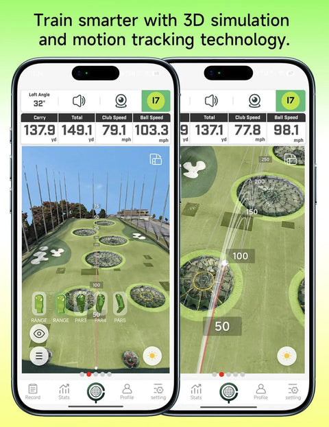 Portable Golf Launch Monitor And Home Simulator For Swing Analysis on iOS displaying real-time 3D driving range on screen