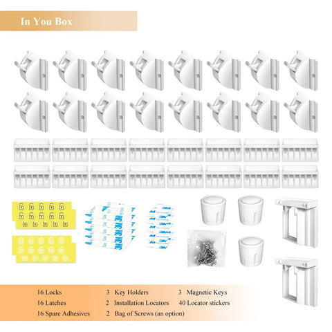 Magnetic Cabinet Locks For Baby Proofing, No Drill Easy Install, 10 Locks And 2 Keys, full set with adhesives and components visible