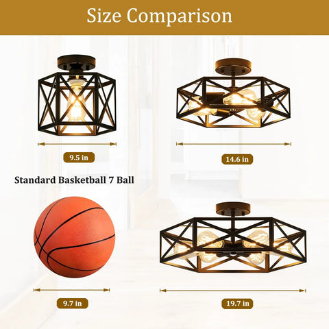 Size comparison of Must Have Industrial Black Hexagon Farmhouse Ceiling Light Fixture, Semi Flush Mount and a standard basketball.