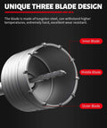DAYDOOR concrete hole saw kit, side view showing outer blade, middle blade, and inner blade.