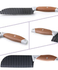 Crinkle cutter knife with brown rubber handle and stainless steel wavy blade for vegetables; dishwasher safe.