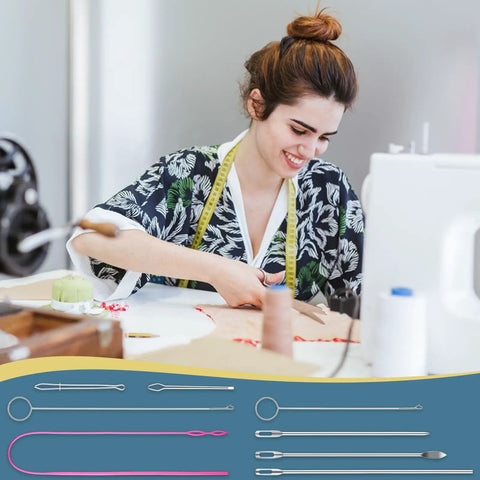 Woman sewing with 8 Pack Drawstring Threader Tool Set Stainless Steel Loop Turner Hooks With Latch Flexible Rope Threaders and Clips shown below.