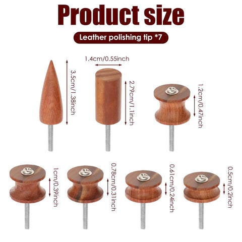 Seven Piece Pro Grade Leather Burnishing Tools Set With Red Sandalwood Edge Polishing Bits showing size and dimensions
