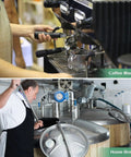 Top image shows a person using a coffee machine; bottom image shows a person stirring in a home brewing setup with tanks.