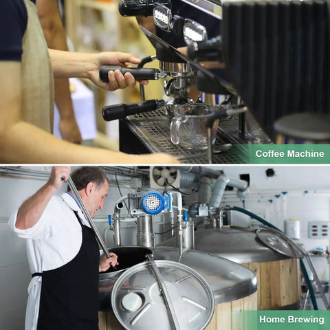 Top image shows a person using a coffee machine; bottom image shows a person stirring in a home brewing setup with tanks.