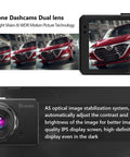 Dual Front And Rear Dash Cam For Cars With 1080P Resolution, 32GB Card Included, camera screen, and front lens view