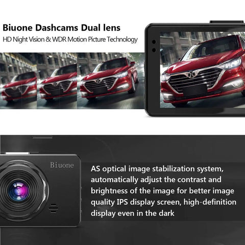 Dual Front And Rear Dash Cam For Cars With 1080P Resolution, 32GB Card Included, camera screen, and front lens view