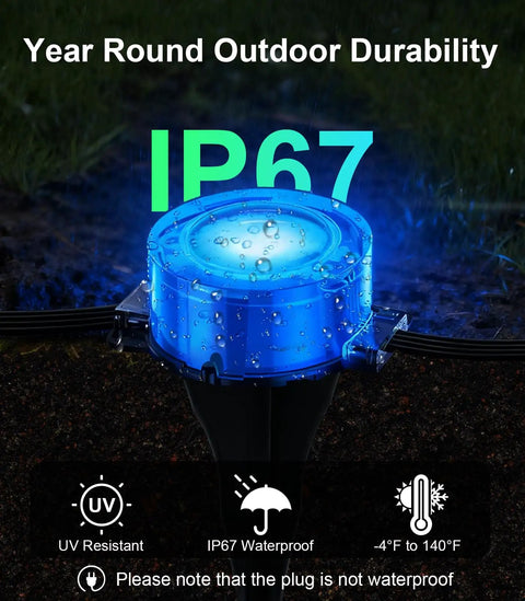 Waterproof outdoor LED light with IP67 rating, surrounded by grass, demonstrating durability in various weather conditions.