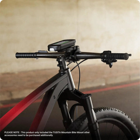 Edge Mountain Bike Mount for Garmin GPS Computers attached to handlebars of a bike in an urban setting, secure fit.