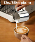12 Oz 350 Ml Stainless Steel Espresso Milk Frothing Pitcher With Latte Art Pen For Home Barista Use pouring milk into coffee
