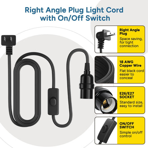 Top Notch Black Pendant Light Cord 10 FT With E26 E27 Bulb Socket And Right Angle Plug Slick Flat Braided Extension Cable For Indoor Or Outdoor Hanging Fixtures Features Handy On Off Switch image showing cord with right angle plug and toggle switch.