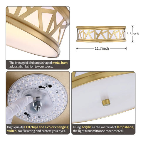 12 Inch Birds Nest LED Flush Mount Light 16W Dimmable 3000K-5000K Warm To Cool White CRI Over 90 Antique Brass Gold Finish