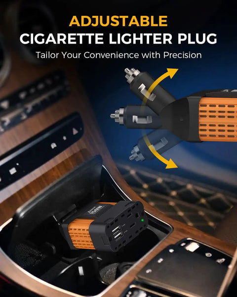 Game Changer 150 Watt Portable Car Power Inverter Converter featuring adjustable lighter plug in a car's center console.