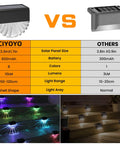Comparison of 8 Pack Outdoor Solar Deck Lights Waterproof LED Step Lights for patio with warm white and color glow modes.