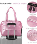 45L Waterproof Duffle Bag For Women Lightweight Carry On Weekender With Separate Shoe Pocket And Multiple Internal Pockets Durable Travel Tote For Gym And Weekend Getaways Pink shown on luggage with close-ups of double zipper, workmanship, and water-repellent material.