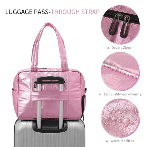 45L Waterproof Duffle Bag For Women Lightweight Carry On Weekender With Separate Shoe Pocket And Multiple Internal Pockets Durable Travel Tote For Gym And Weekend Getaways Pink shown on luggage with close-ups of double zipper, workmanship, and water-repellent material.