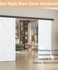 Low Profile 12 Foot Double Barn Door Hardware Kit In Aluminum Alloy Box Rail Track For Wooden Doors Smooth Silent Sliding With Shock Absorbing Rollers Noiseless Operation Easy To Install Black Finish Hardware Only installed in an interior setting with white wooden doors.