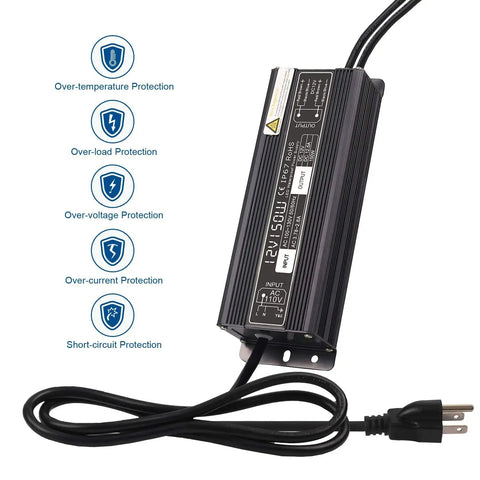 150W LED Driver Waterproof IP67 Power Supply Beefy Constant Voltage 120V To 12V Transformer with Overload Protection Features