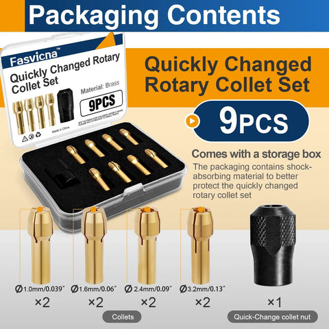 Brass Rotary Tool Collet Set With 1mm 1.6mm 2.4mm 3.2mm Sizes 2 Pack displayed with storage box and labels