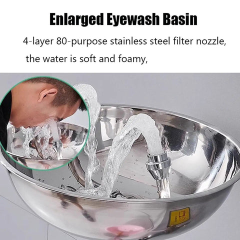 Emergency Eyewash Station With Shower Kit Built For Real-World Safety, showing stainless steel dual-nozzle releasing water