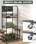 Front view of Garage Fishing Rod Storage Rack With Pegboard Hooks Three Tier Anti Drop Design Up To Ten Rods Lockable Wheels