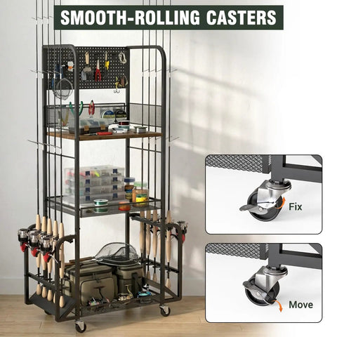 Front view of Garage Fishing Rod Storage Rack With Pegboard Hooks Three Tier Anti Drop Design Up To Ten Rods Lockable Wheels