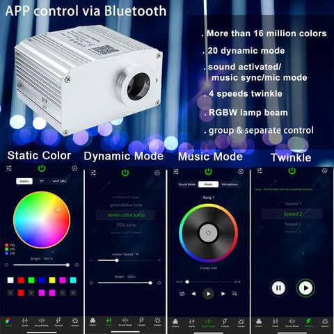 Bluetooth 10W Twinkle Fiber Optic Star Ceiling Light Kit with app control interface showing color and mode options