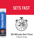 WaterWeld Epoxy Putty Stick 2 Oz Hand Mixable Two Part Underwater Repair Compound For Plumbing Leaks Tubs Drains Pools Boats And More NSF Certified No Mess Easy DIY Fix packaging with set time display.