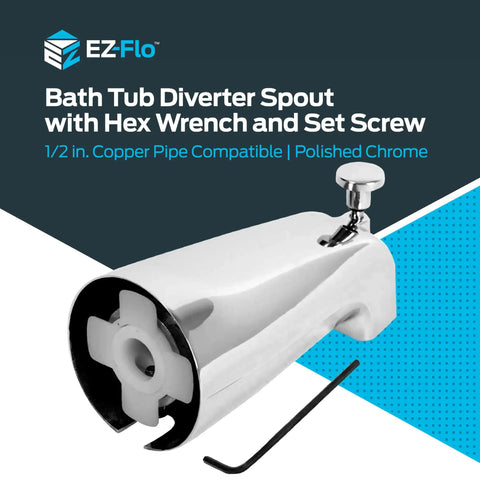 Slide On Chrome Bath Tub Diverter Spout With Zinc Body For Easy Slip On Installation 5-3/8 Inch Length Universal 1/2 Inch Copper Pipe Fit Includes Hex Wrench And Set Screw For Quick Replacement