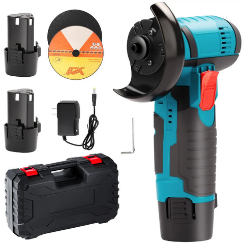 Cordless Angle Grinder Tool Workhorse 19500 RPM Portable Handheld Cutter, dual 1500mAh batteries, fast charger, and case