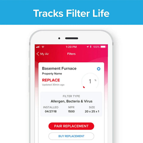 Smart Bluetooth Air Filter For Home AC And Furnace MPR 1500 Allergen Bacteria Virus Guard displayed on smartphone app.