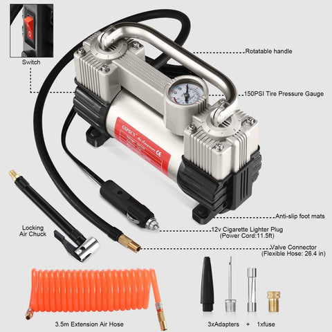 6X Faster Inflation Double Cylinder Tire Inflator With Portable Bag Heavy Duty 12V Air Compressor Pump Up To 150 PSI