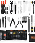 68-piece 3D printer tool kit with roll-up case; black metal scrapers, deburring tools, tweezers, pliers, files, brushes.