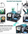 Two In One Microsoldering Station With Precision Iron And Hot Tweezers, LCD display, and integrated tools for SMD repairs