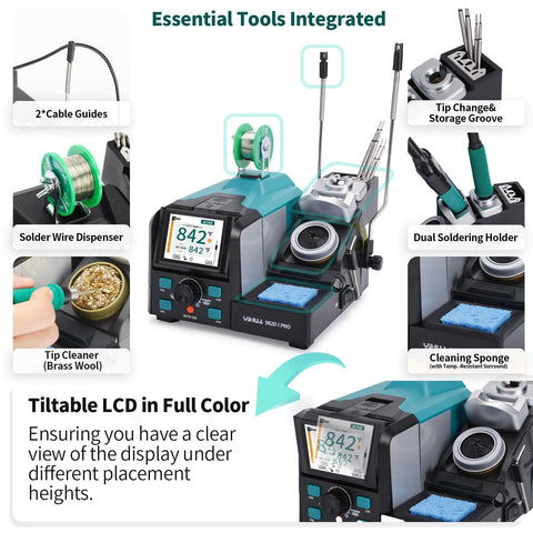 Two In One Microsoldering Station With Precision Iron And Hot Tweezers, LCD display, and integrated tools for SMD repairs