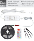 Hardwire 24V RGB Plus White LED Strip Light Kit Multicolor 16 Ft Cuttable And Reconnectable With Included Connectors UL Listed Easy Peel And Stick Installation With Strong 3M Adhesive 25 Preset Colors shown with components including tape light, power supply, remote, and connectors.