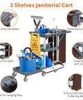 Built Different Heavy Duty Three Shelf Janitorial Cart With Roller Wheels And Secure Protective Cover Includes Generous Vinyl Storage Bag for efficient housekeeping
