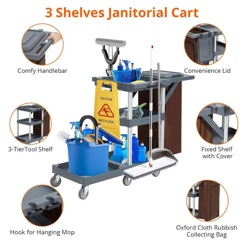 Built Different Heavy Duty Three Shelf Janitorial Cart With Roller Wheels And Secure Protective Cover Includes Generous Vinyl Storage Bag for efficient housekeeping