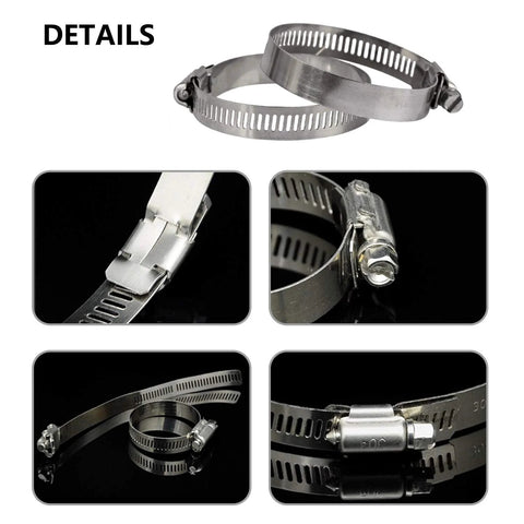ZIPCCI stainless steel worm-gear hose clamps, 16–25 mm (5/8–1 in), 25-pack; front, side, close-up, and installed views.