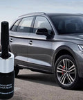 Bottle of windscreen repair resin next to SUV, part of Windshield Chip Repair Kit With Curing Film and 2ml Crack Repair Fluid For SUVs, Trucks