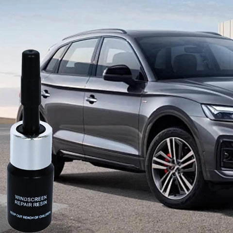 Bottle of windscreen repair resin next to SUV, part of Windshield Chip Repair Kit With Curing Film and 2ml Crack Repair Fluid For SUVs, Trucks