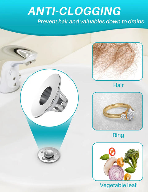 Illustration of 2 In 1 Bathroom Sink Stopper And Hair Catcher Universal Pop Up Drain Stopper For 1.1 To 1.5 Inch US Standard Drain Holes with hair, ring, and vegetables.