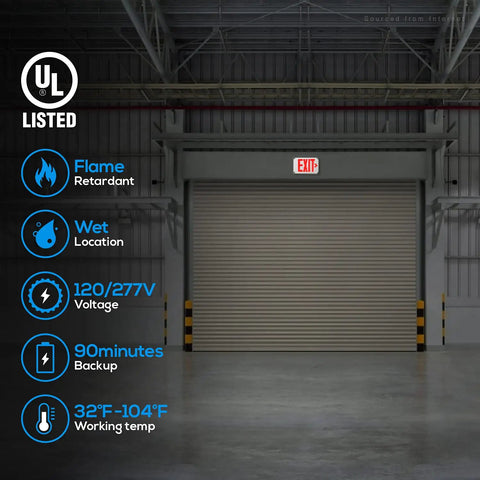 Red LED Exit Sign With Battery Backup For Wet Spots in warehouse, UL Listed, weatherproof outdoor lighting above industrial door.