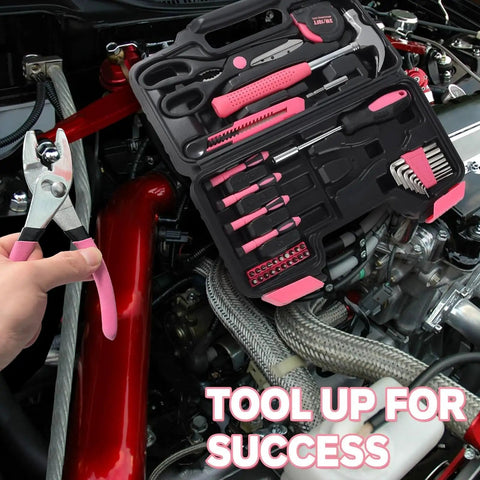 39 Piece Household Tool Set For Home, Garage, Office And Dorm Pink, Pro Grade DIY Essentials, open case with tools beside engine.