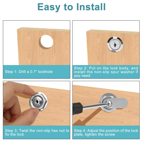 Installation steps for Keyed Alike Cam Locks for Cabinets and Drawers Five Eighths Inch Cylinder Chrome Finish Zinc Alloy